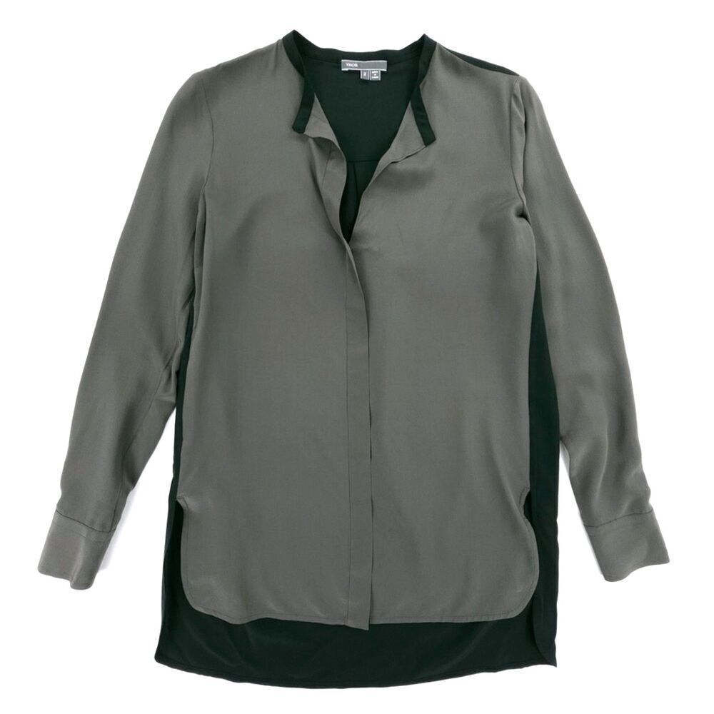 NEW Vince 100% Silk Colorblock Popover Tunic Top Oat Black Minimal Quiet Luxury